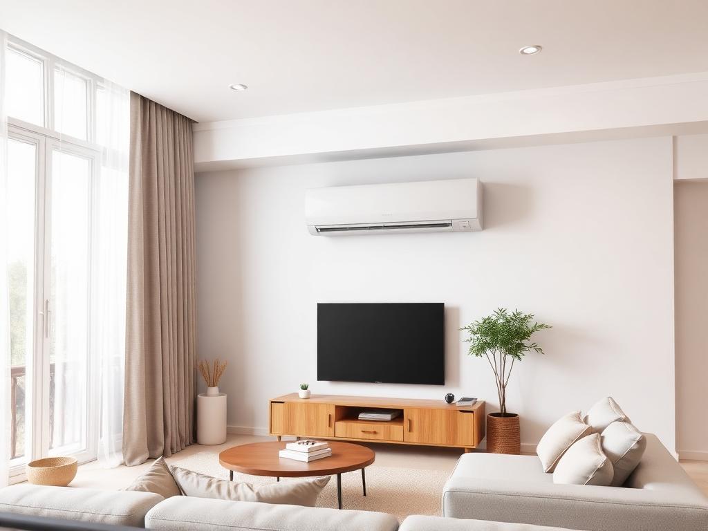 Unité intérieure de climatisation réversible installée dans un salon