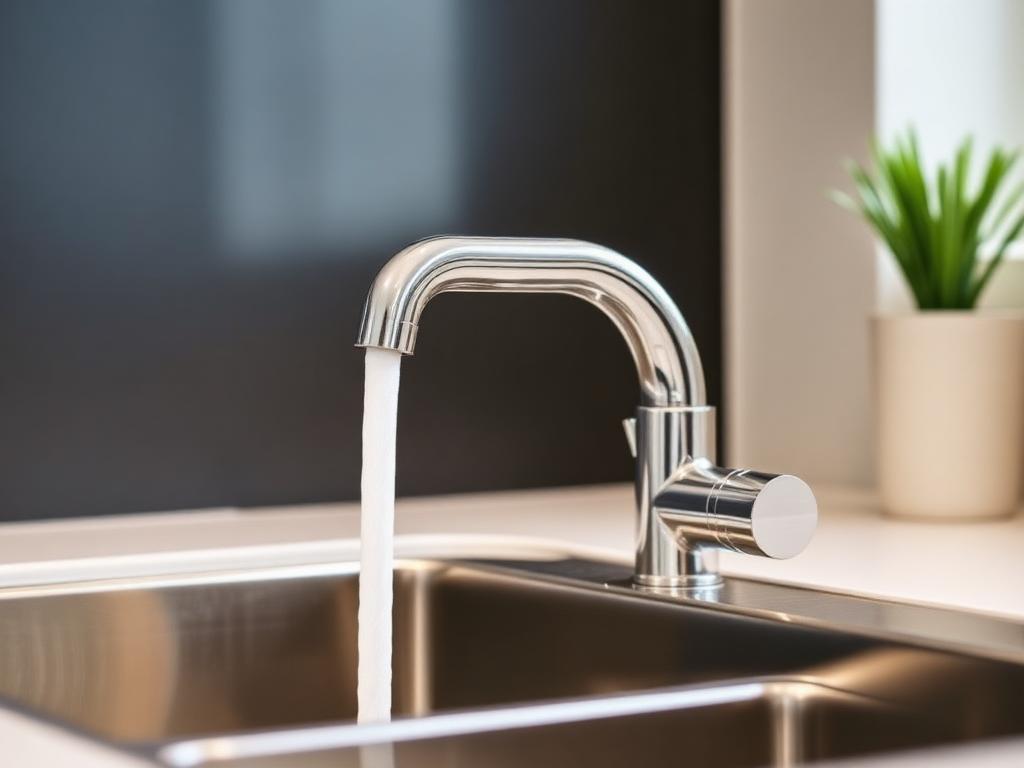 Mitigeur de cuisine chromé neuf installé sur un évier inox
